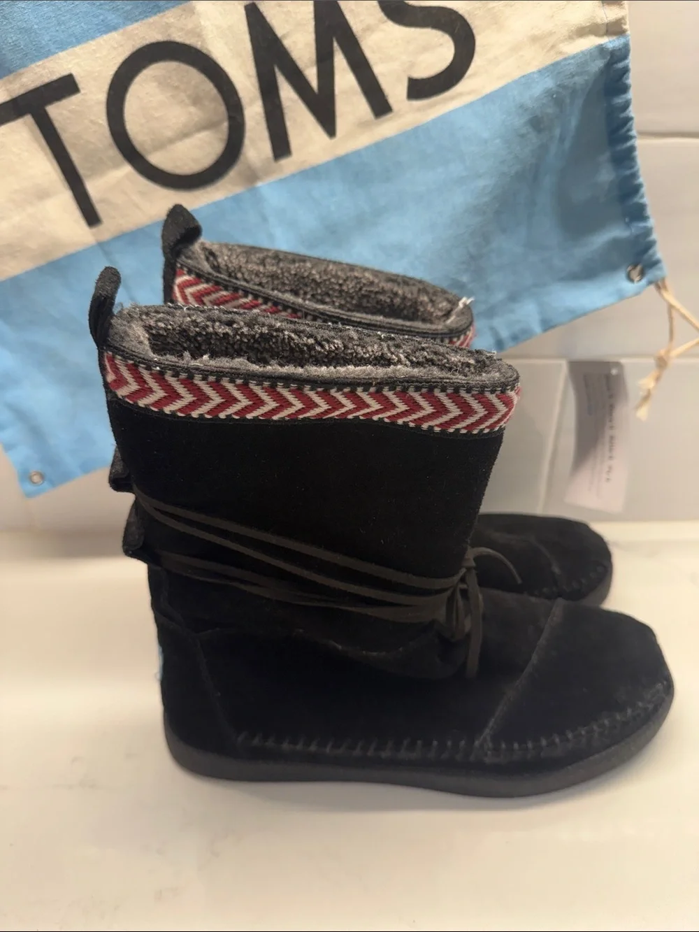 Toms Kids Black Suede Booties with Red Chevron Trim